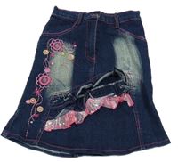 Tmavomodrá rifľová sukňa s výšivkami a volánikom