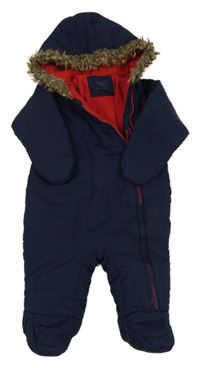 Tmavomodrá šusťáková zimní kombinéza s kapucí s kožešinou Primark