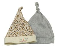 2x čepice - šedá melírovaná čepice + béžová vzorovaná čepice 