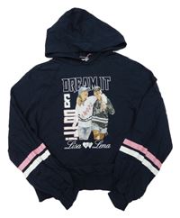 Tmavomodrá crop mikina s potiskem a kapucí H&M