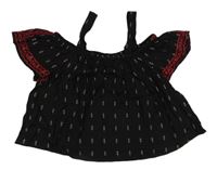 Čierno-bielo-vínový vzorovaný crop top s holými rameny New Look
