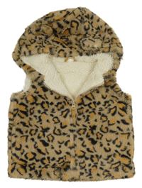 Béžovo-čierna kožušinová zateplená vesta s leopardím vzorom a kapucňou zn. Next