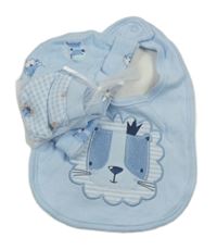 Nové - 4set - Světlemodrá čepice s lvíčkem + světlemodrý bryndák s lvíčkem + 2x rukavice 