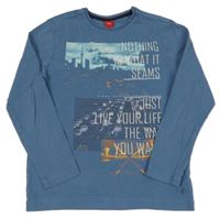 Šedomodré triko s potiskem a nápisy S. Oliver