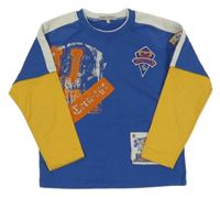 Modro-hořčicovo-oranžové mikinotriko s nápismi