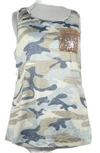 Dámsky béžovo-tmavomodrý army top s flitrami