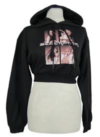 Dámska čierna crop mikina s potlačou a kapucňou H&M
