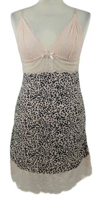 Dámska svetloružová -čierna vzorovaná nočná košeľa s čipkou