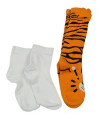 2x ponožky bílé+ oranžové teplé s tigrom