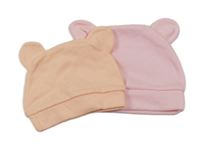 2x bavlněná čepice s oušky růžová+ lososová