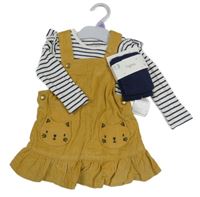 Nové - 3set- hořčicové manšestrové šaty+ pruhované body+ tmavomodré punčocháče F&F