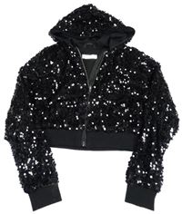 Černá flitrová podšitá crop bunda s kapucí H&M