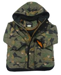 Khaki-černá army prošívaná šusťáková zateplená bunda s tygry a kapucí Next
