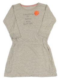 Šedo-neonové melírované teplákové šaty s nápisem a květem