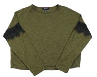 Khaki-černé melírované úpletové crop mikinotriko s čipkou New Look