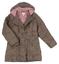 Hnědý šusťákový zimní kabát s páskem a kapucí Next 