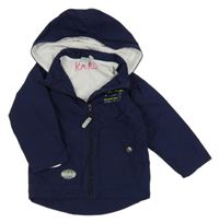 Tmavomodrá šušťáková jarná bunda s nápisom a kapucňou