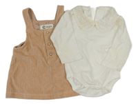 2set - Broskvové sametové žebrované šaty + bílé body s límečkem 