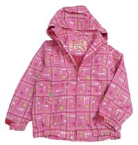 Ružovo-biela kockovaná šušťáková jarná bunda s bodkami a kapucňou zn.