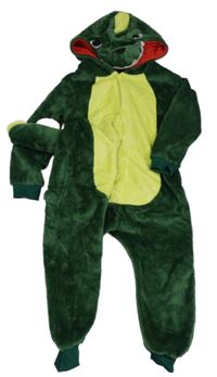 Kockovaným - Tmavomodro-limetková chlpatá kombinéza s kapucí - dinosaurus