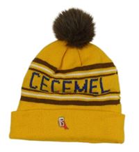 Oková pruhovaná čepice s nápisem a bambulí