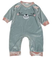 Stříbrno-ružový zamatový overal s mačkou