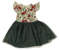 Béžovo-tmavozelené plyšovo/tylové šaty s kvetmi Miss Mona Mouse