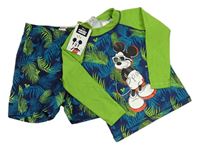 2Set - Tmavomodro-zelené UV triko s Mickey a listy + plážové kraťasy Disney
