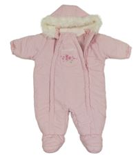 Svetloružová šušťáková zimná kombinéza s vreckom s růžemi a kapucňou s kožešinou Ladybird