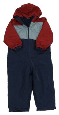 Tmavomodro-šedomodro-vínová šusťáková zimní kombinéza s vločkami a kapucí lupilu