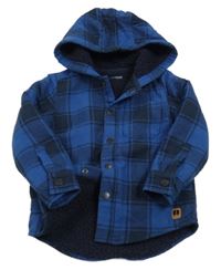 Safírovo-tmavomodrá kockovaná vzorovaná zateplená košeľová bunda s kapucňou Next