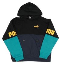 Černo-tmavomodro-modrozelená mikina s logy a kapsou a kapucí PUMA