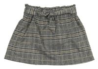 Čierno-svetlošedá -hnedá kockovaná vzorovaná paper bag úpletová sukňa so zavazováním PRIMARK