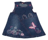 Modré rifľové šaty s motýlkom a srdiečkami a kvetmi a kamienkami