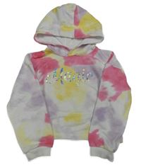 Bielo-žlto-fialovo-tmavoružová batikovaná crop mikina s metalickým nápisom a kapucňou in extenso