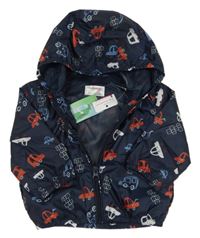 Nové - tmavomodrá šusťáková jarní bunda s auty a kapucí Prénatal