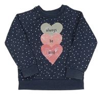 Tmavomodrá melírovaná bodkovaná á mikina so srdiečkami s nápismi PRIMARK