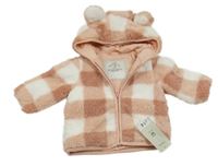Nové - světlerůžovo-bílo-starorůžová kostkovaná huňatá zateplená bunda s kapucí s oušky George