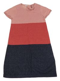 Starorůžovo-jahodovo-tmavomodré melírované svetrové šaty s mašlou a trblietkami H&M