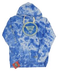 Nové - Modrá batikovaná mikina s potlačou a kapucňou