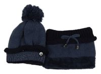 2set - Tmavomodrá pletená čepice s bambulí + nákrčník