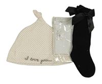 2set - Smetanová puntíkatá bavlněná čepice s nápisem + černé podkolenky s mašlemi