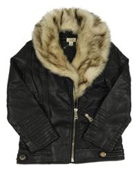 Černá koženková podšitá bunda s kožešinou River Island