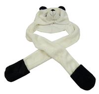 Smetanovo-černá chlupatá čepice se šálou - panda