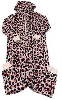 Růžová chlupatá kombinéza s leopardím vzorem a kapucí Next
