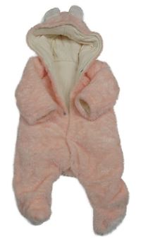 Ružová chlpatá zateplená kombinéza s kapucňou s uškami