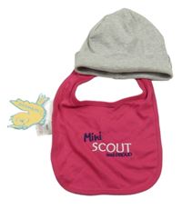 2set - Šedá melírovaná žebrovaná čepice + fuchsiový slinták s nápisem