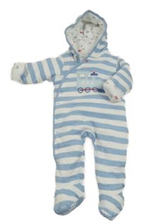 Modro-bílá pruhovaná zateplená kombinéza s vlakem a kapucí Miniclub