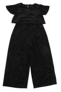 Černý třpytivý vzorovaný sametový slavnostní kalhotový overal Dunnes