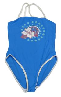 Modré jednodílné plavky s květinou a puntíky